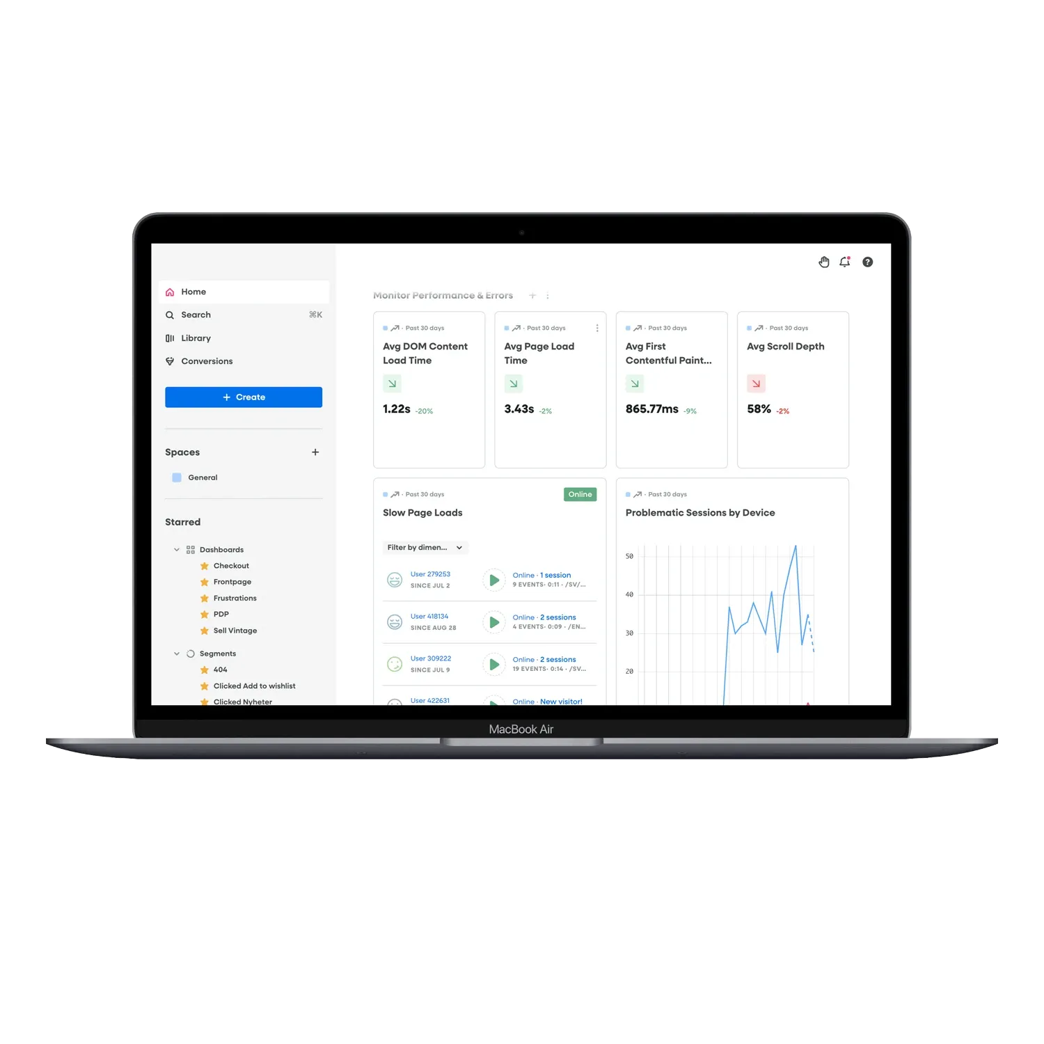 Fullstory's performance panel with page load times and problematic sessions per device, on a laptop.