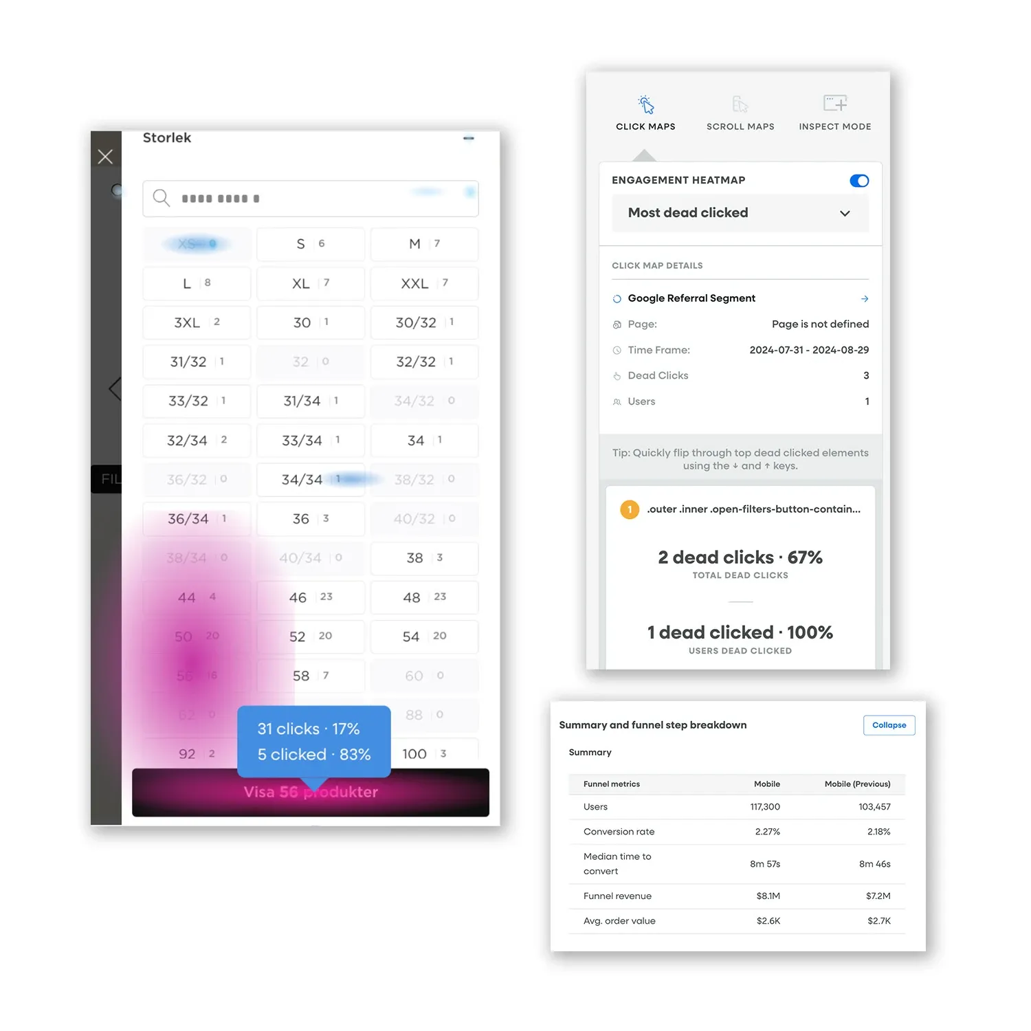 Click heatmap over a size selector in Fullstory, with the share of dead clicks and a funnel per device.